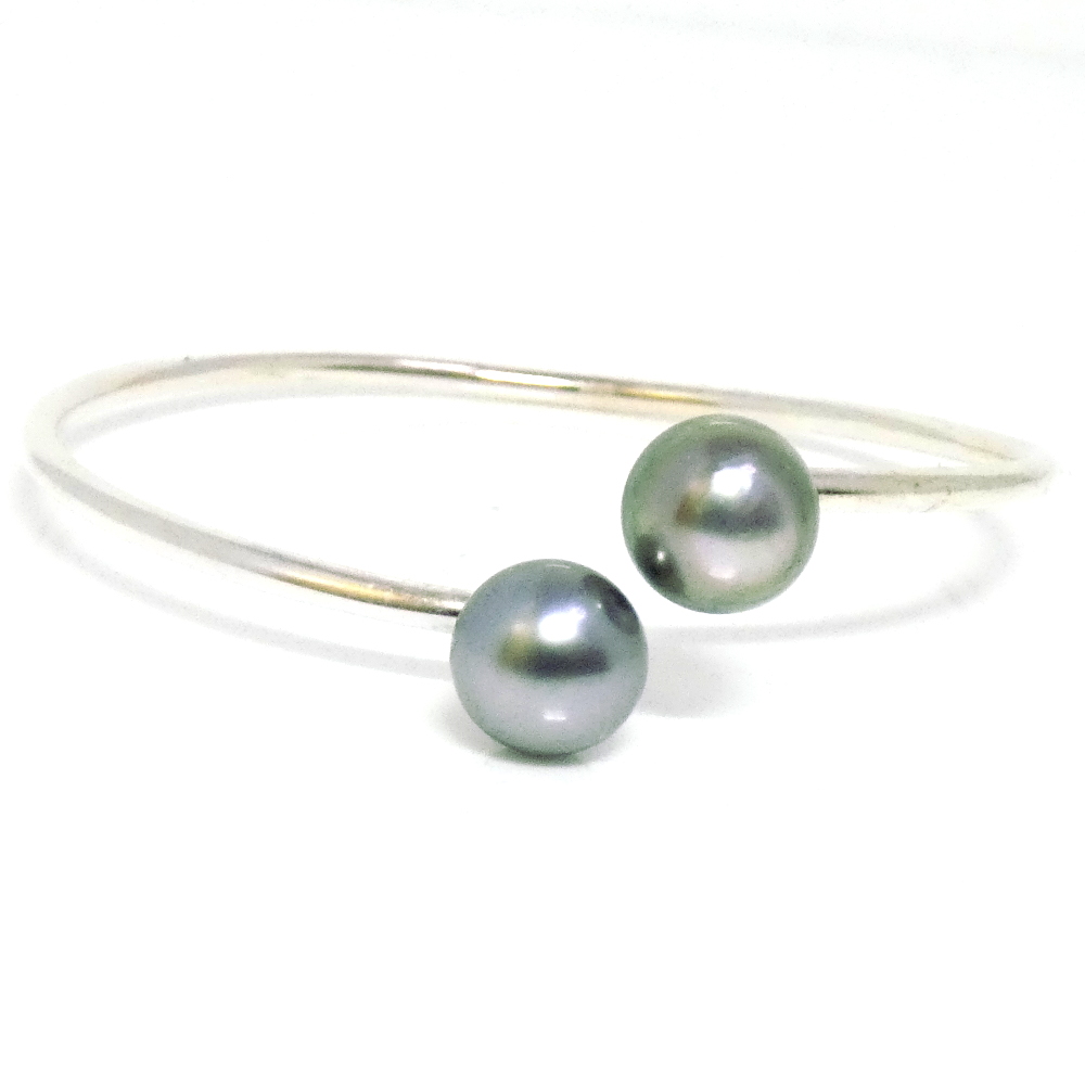 Silver Bangle with Two Tahitian Pearls